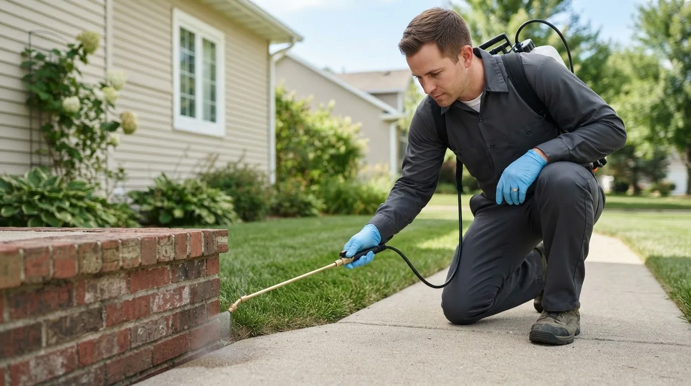 Pest control technician treating a home near Brainard, NY